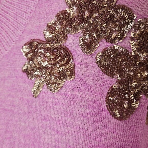 J. Crew‎ Womens Pink Gold Sequined Merino Wool Sweater M Floral Boxy - Picture 9 of 11